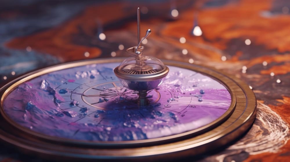 An intricate 3D render of a device resembling a compass or astrological chart with a spinning top in the center, set against a cosmic background.