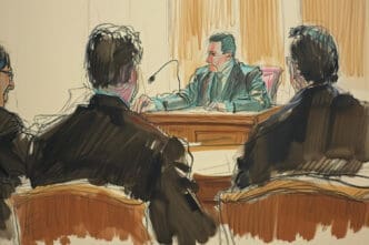 A courtroom sketch shows a man in a suit seated at a table, facing away from the viewer