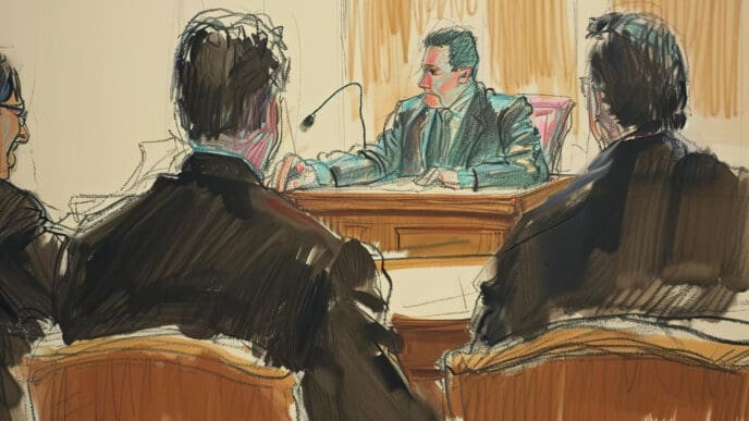 A courtroom sketch shows a man in a suit seated at a table, facing away from the viewer