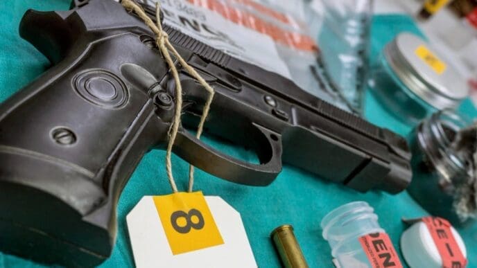 A handgun with an evidence tag and a single bullet casing are laid out on a table, representing forensic evidence.