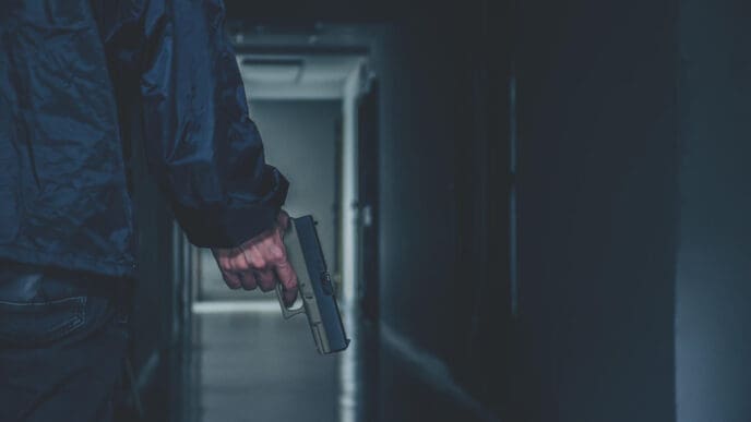 A person wearing a dark jacket holds a handgun in a dimly lit hallway