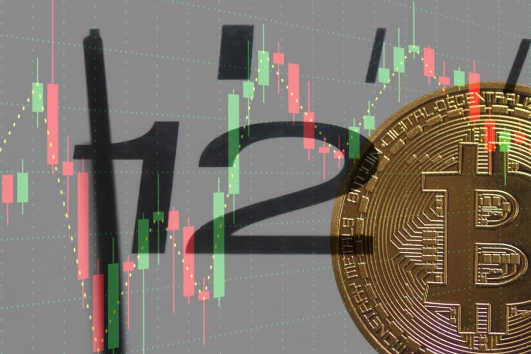 A layered image featuring a large golden Bitcoin coin and the numbers 1 and 2 from a clock, all superimposed on a background of a red and green financial candlestick chart.