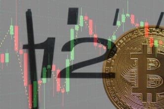 A layered image featuring a large golden Bitcoin coin and the numbers 1 and 2 from a clock, all superimposed on a background of a red and green financial candlestick chart.
