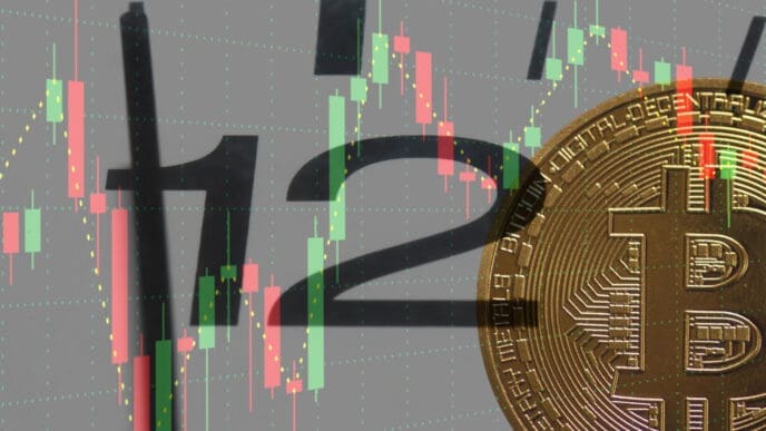 A layered image featuring a large golden Bitcoin coin and the numbers 1 and 2 from a clock, all superimposed on a background of a red and green financial candlestick chart.