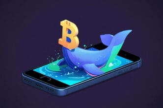 A stylized 3D digital illustration of a cartoon blue whale with a large golden Bitcoin symbol on its back, leaping out of a smartphone screen.