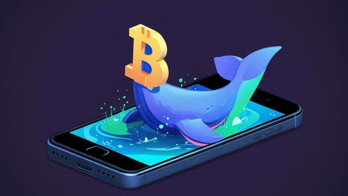 A stylized 3D digital illustration of a cartoon blue whale with a large golden Bitcoin symbol on its back, leaping out of a smartphone screen.