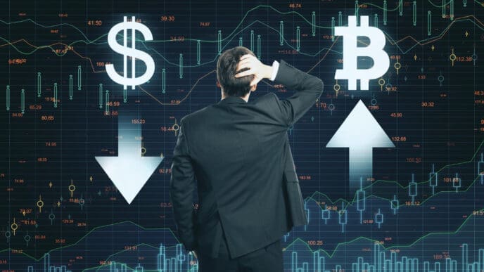 A man in a suit scratches his head while looking at a complex digital screen with financial charts. In front of him, a large dollar sign points down, while a large Bitcoin symbol points up.
