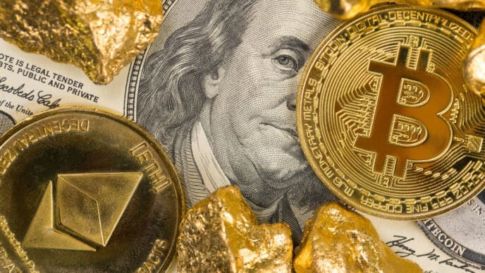 A close-up photograph showing a US hundred-dollar bill with a Bitcoin coin, an Ethereum coin, and several gold nuggets placed on top of it.