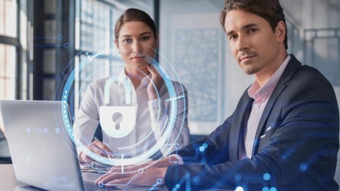 A man and a woman are seated at a table with a laptop, with a glowing digital overlay of a padlock icon and a circular network, symbolizing a discussion about cyber security or data protection.