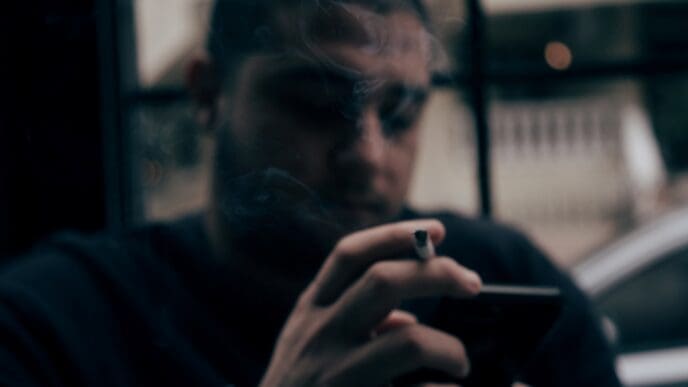 A blurred, low-light photograph of a man holding a lit cigarette and looking at his smartphone, with smoke swirling around his head.