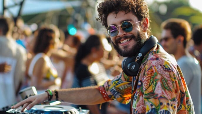 A smiling DJ with a beard and sunglasses, wearing a brightly colored shirt and headphones, with his hand on a mixing board at a daytime party.