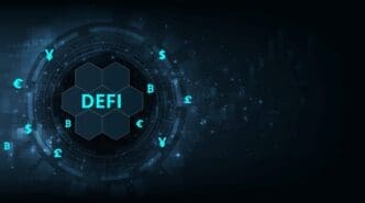 A digital graphic with the word 'DEFI' in the center of a futuristic circular interface, surrounded by glowing cryptocurrency and traditional currency symbols.