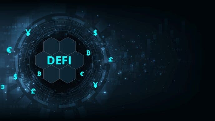 A digital graphic with the word 'DEFI' in the center of a futuristic circular interface, surrounded by glowing cryptocurrency and traditional currency symbols.