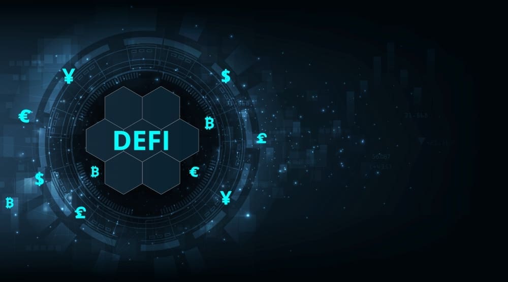 A digital graphic with the word 'DEFI' in the center of a futuristic circular interface, surrounded by glowing cryptocurrency and traditional currency symbols.