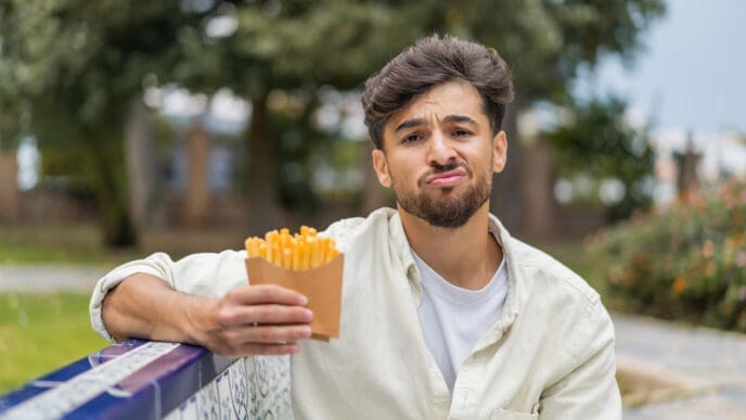 A young indian man with a sad expression holds a container of french fries while sitting outdoors.