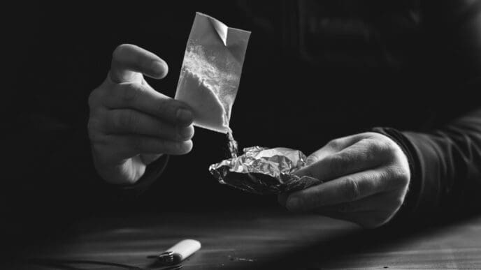 A person's hands pour a white powder from a small bag onto a piece of foil