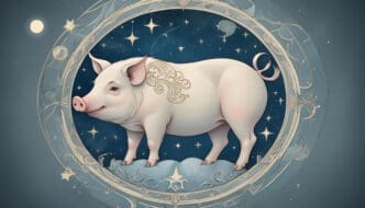 A digital illustration of a pink pig standing on a cloud inside a circular astrological frame with a starry background.