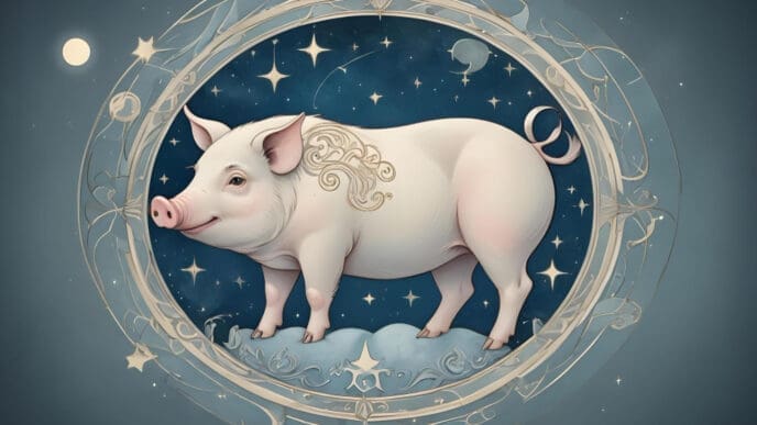 A digital illustration of a pink pig standing on a cloud inside a circular astrological frame with a starry background.