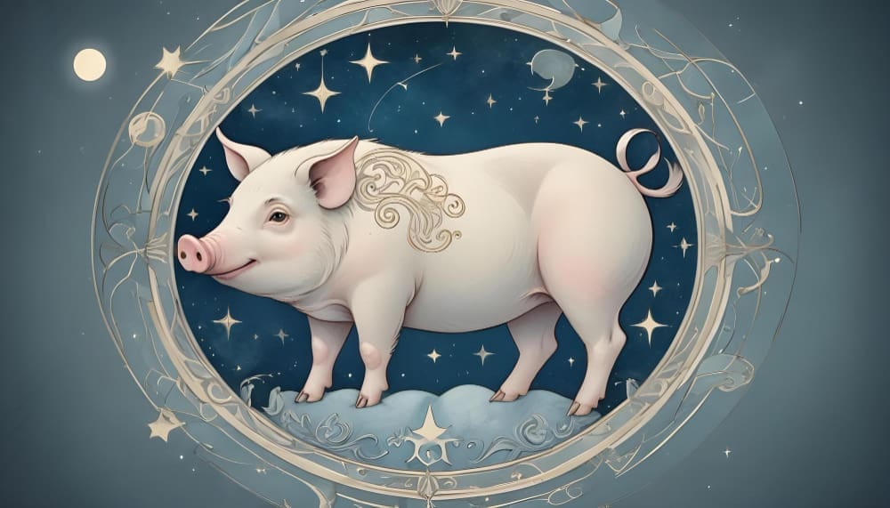 A digital illustration of a pink pig standing on a cloud inside a circular astrological frame with a starry background.