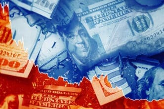 A conceptual image of damaged and burning US hundred-dollar bills with a white line graph showing a downward trend overlaid on top.