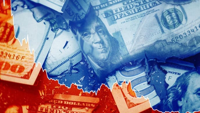 A conceptual image of damaged and burning US hundred-dollar bills with a white line graph showing a downward trend overlaid on top.