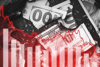 A financial chart with a red, downward-trending line and bar graph is overlaid on a background of crumpled and burned hundred-dollar bills.