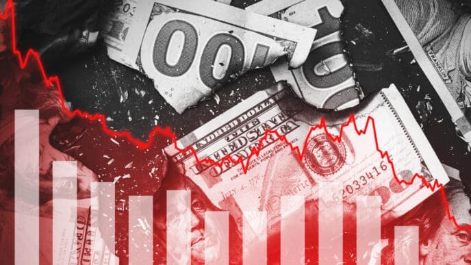 A financial chart with a red, downward-trending line and bar graph is overlaid on a background of crumpled and burned hundred-dollar bills.