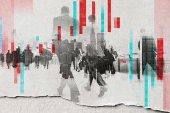 A collage of blurry businesspeople walking in a city, with red and blue bar graphs overlaid on the image.