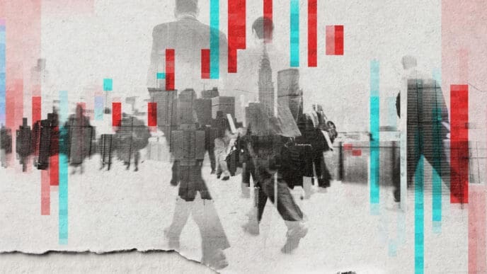 A collage of blurry businesspeople walking in a city, with red and blue bar graphs overlaid on the image.