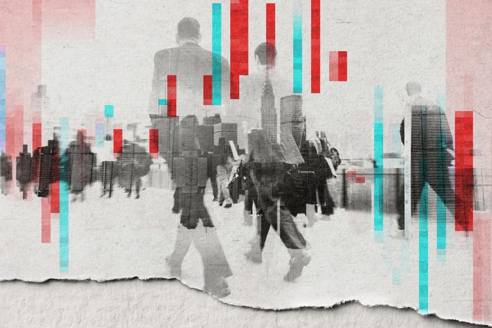 A collage of blurry businesspeople walking in a city, with red and blue bar graphs overlaid on the image.