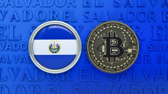 The flag of El Salvador is next to a gold Bitcoin coin on a blue background