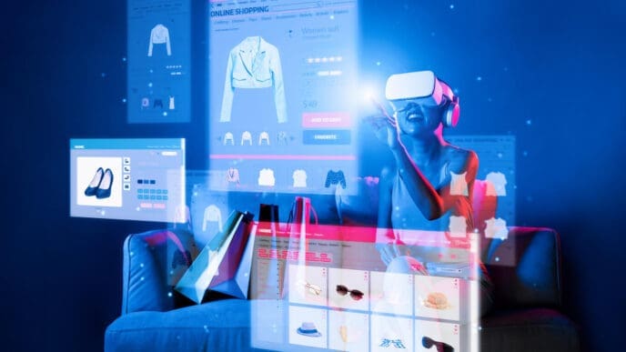 A stylish woman wearing a VR headset sits on a couch, surrounded by holographic augmented reality screens displaying online shopping interfaces and clothing items, symbolizing the use of AI in virtual retail.