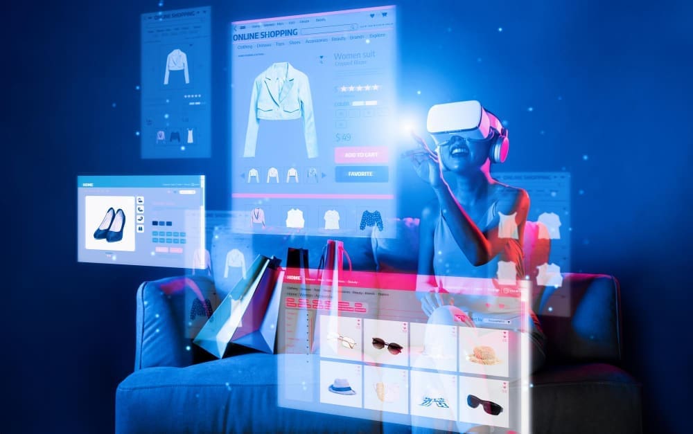 A stylish woman wearing a VR headset sits on a couch, surrounded by holographic augmented reality screens displaying online shopping interfaces and clothing items, symbolizing the use of AI in virtual retail.