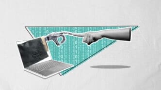 A creative collage showing a robotic arm emerging from a laptop screen and a human hand reaching towards it, with their index fingers about to touch, against a background of binary code and a geometric frame, representing the abstract concept of embedded finance.
