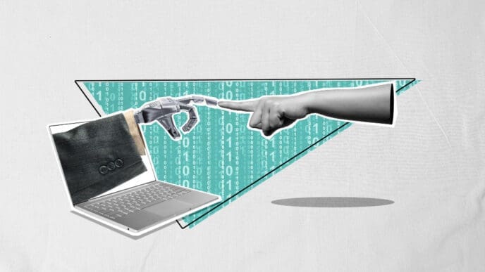 A creative collage showing a robotic arm emerging from a laptop screen and a human hand reaching towards it, with their index fingers about to touch, against a background of binary code and a geometric frame, representing the abstract concept of embedded finance.