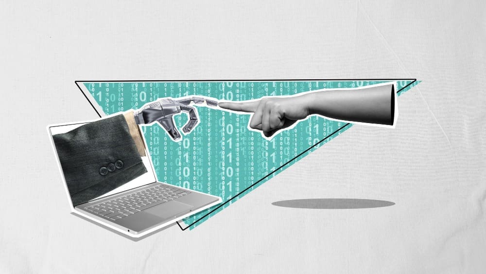 A creative collage showing a robotic arm emerging from a laptop screen and a human hand reaching towards it, with their index fingers about to touch, against a background of binary code and a geometric frame, representing the abstract concept of embedded finance.