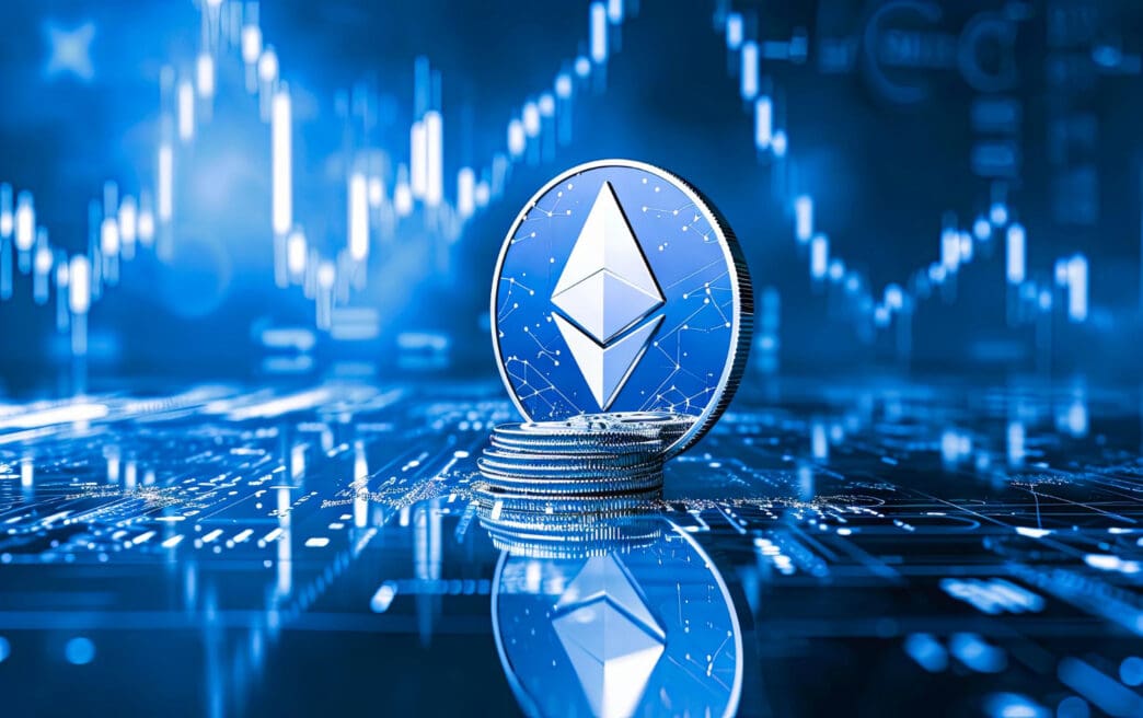 A stack of Ethereum coins in front of a glowing, blue digital background with financial charts