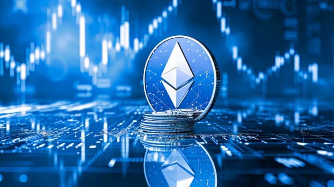 A stack of Ethereum coins in front of a glowing, blue digital background with financial charts