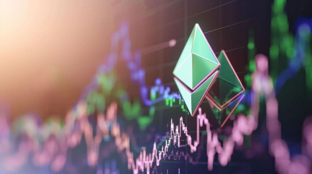 A conceptual image featuring two 3D Ethereum symbols floating above a blurry, complex financial chart with bright, colored lines.