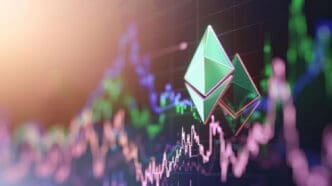 A conceptual image featuring two 3D Ethereum symbols floating above a blurry, complex financial chart with bright, colored lines.