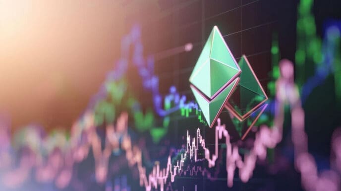 A conceptual image featuring two 3D Ethereum symbols floating above a blurry, complex financial chart with bright, colored lines.