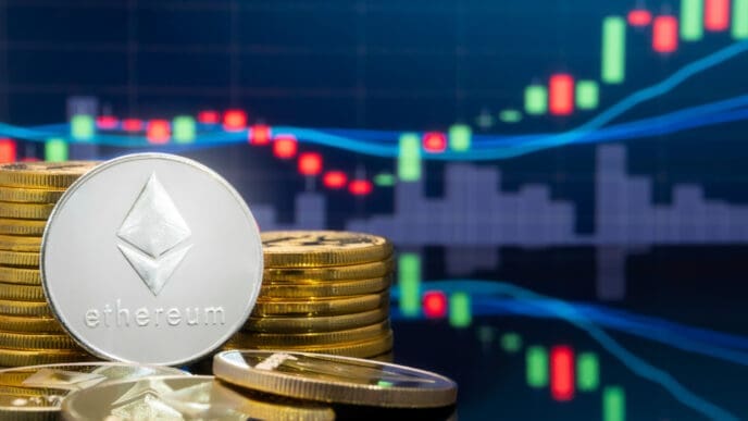 A silver Ethereum coin stands in the foreground, surrounded by gold coins, with a rising digital financial chart in the blurry background.
