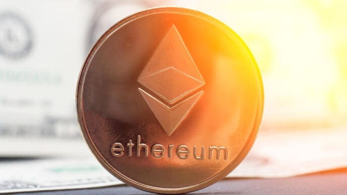 A physical Ethereum coin stands on its side in front of a blurred U.S. dollar bill