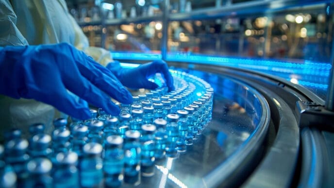A person wearing blue gloves and a lab coat is inspecting rows of small glass vials on a pharmaceutical production line.