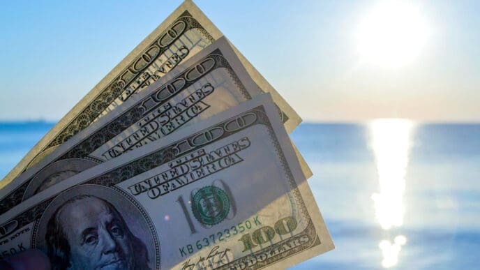 A hand holds up several US hundred-dollar bills against a bright, sun-drenched ocean and sky background.