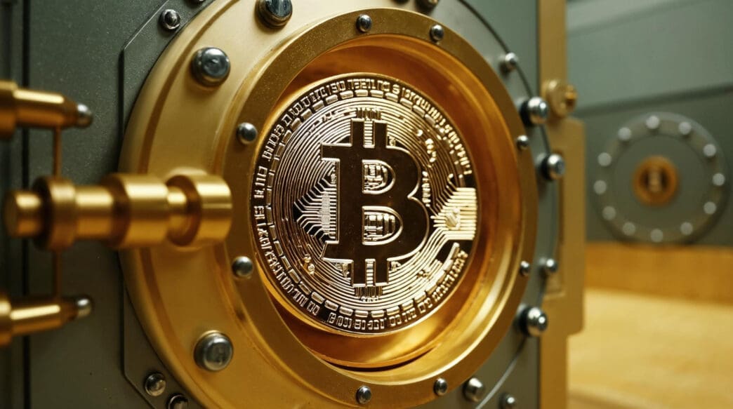 A 3D render of a golden Bitcoin coin visible through the round porthole of a massive, heavy, metallic vault door.