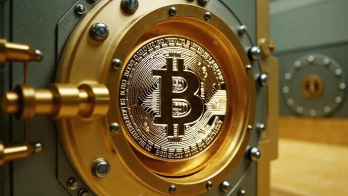 A 3D render of a golden Bitcoin coin visible through the round porthole of a massive, heavy, metallic vault door.
