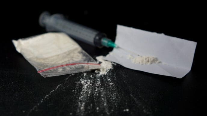 A close-up, dark photograph showing a plastic bag of white powder, a syringe, and a small pile of the powder on a piece of paper.