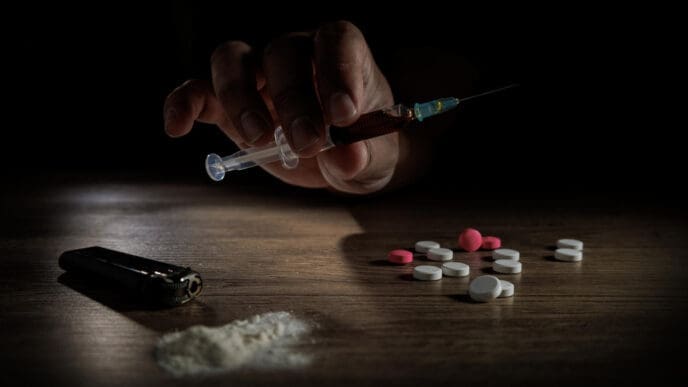 A hand holds a syringe filled with a dark liquid over a table with a pile of white powder and pills