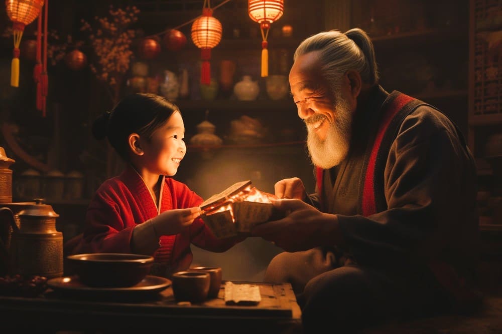 An elderly man and a young girl in a warmly lit room with Chinese lanterns, smiling at each other while holding a glowing box.